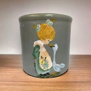 Hand Painted Kitchen Stoneware Pottery Utensil Crock Girl Goose Planter - As Is